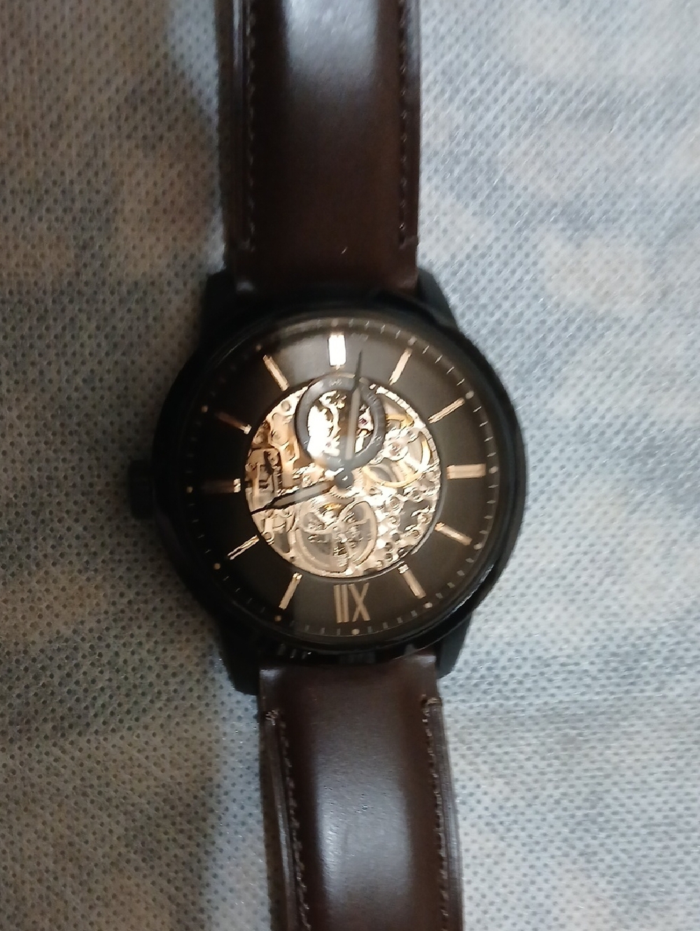 Skeleton Dial Men's Watch with Brown Leather Strap
